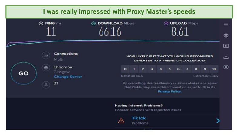 Graphic showing VPN Proxy Master's download and upload speeds