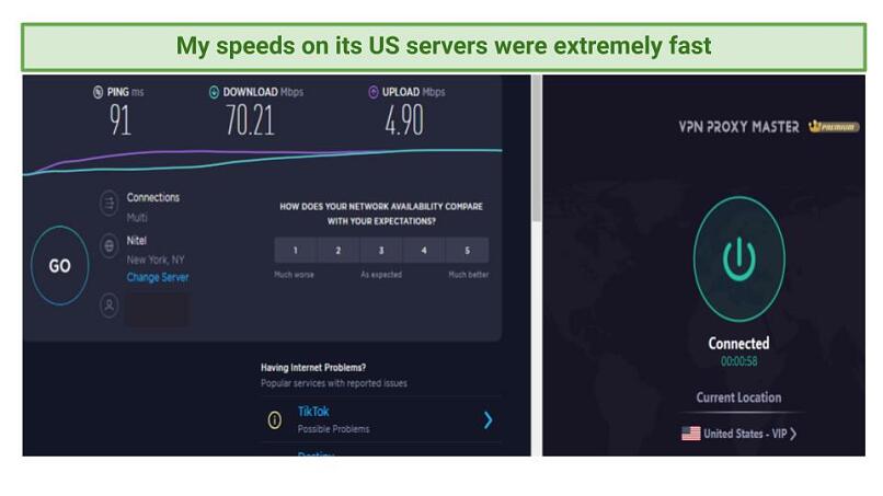 Graphic showing fast download speeds recorded using VPN Proxy Master's US servers