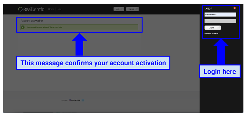 Sign Up confirmation message on Real Debrid