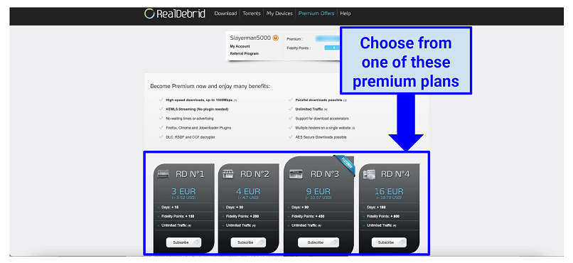 Graphic showing Real Debrid pricing plans