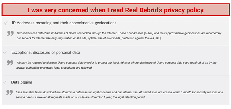 Graphic showing Real Debrid Privacy Policy