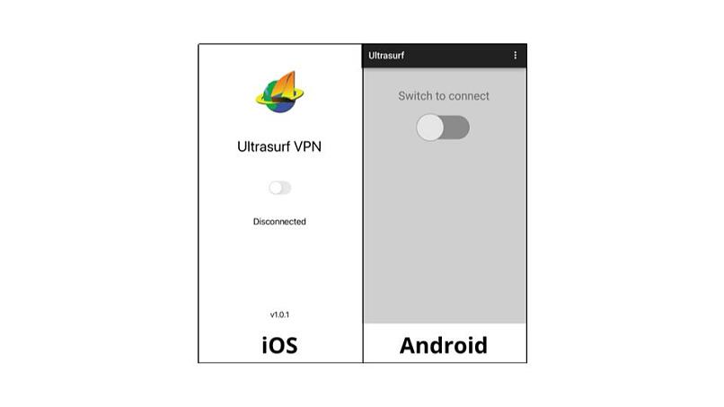 A screenshot of Ultrasurf’s iOS and Android app interface
