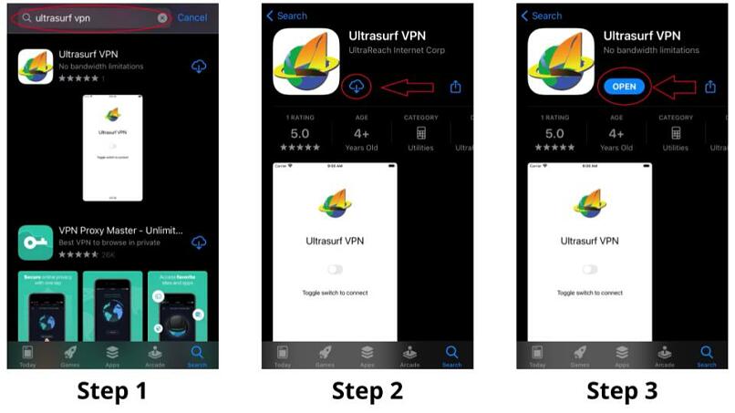 A screenshot of the first 3 steps for installing Ultrasurf's iOS app