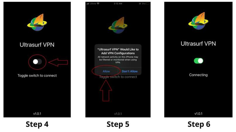 A screenshot of steps 4-6 for connecting to Ultrasurf on iPhone