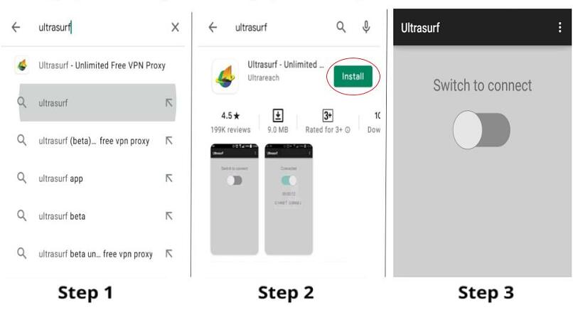 A screenshot of the steps required to install Ultrasurf's Android app