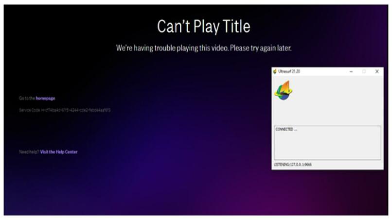 A screenshot of the error message that appeared on HBO Max while connected to Ultrasurf