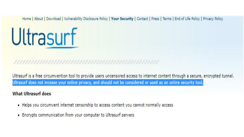 A screenshot of the security page on Ultrasurf’s website
