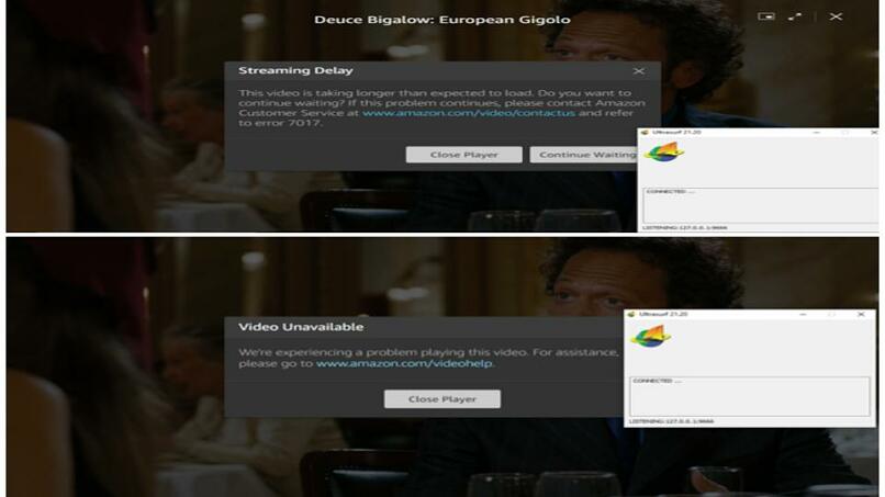 A screenshot of the “Streaming Delay” notification and the error message that popped up when I tried to stream on Amazon Prime Video