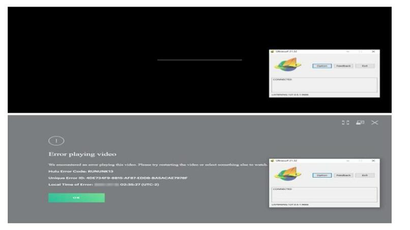 A screenshot of the error message that popped up on Hulu