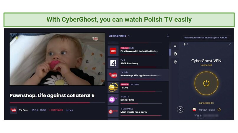 A screenshot of TV Puls streaming on WP Pilot with CyberGhost