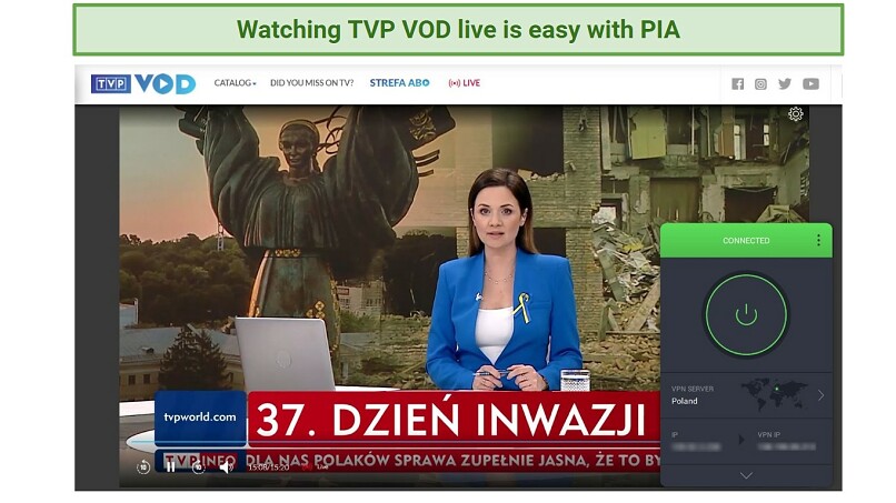A screenshot of a Polish TV channel TVP VOD streaming live