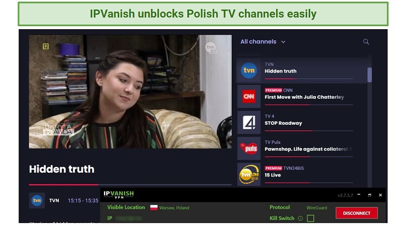 A screenshot of a Polish TV channel, TVN, streaming on WP Pilot with IPVanish