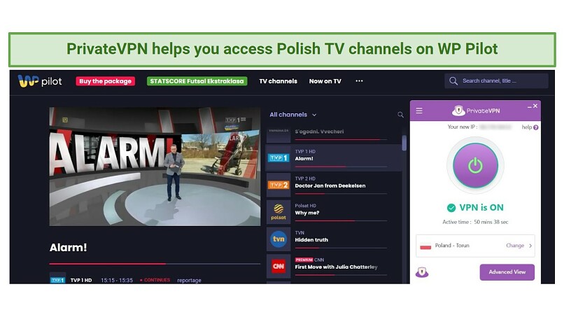 A screenshot of a Polish TV channel, TVP 1, streaming on WP Pilot