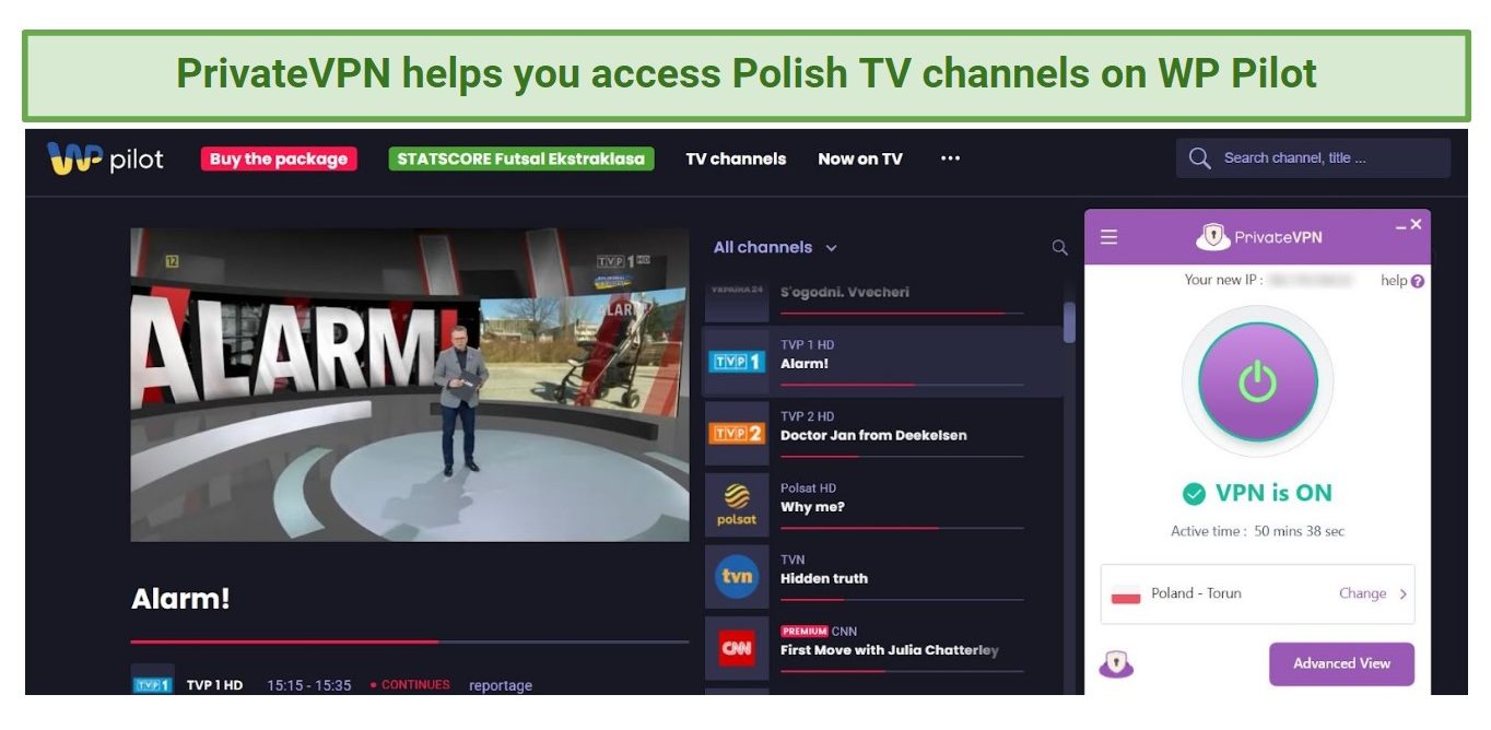 A screenshot of a Polish TV channel, TVP 1, streaming on WP Pilot