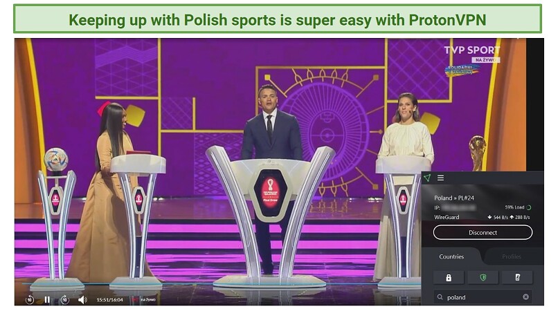 A screenshot of a Polish TV channel TVP SPORT streaming live