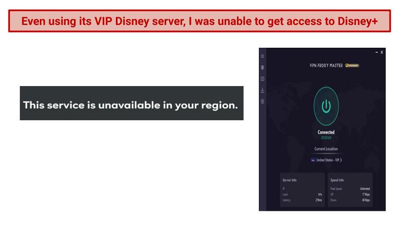 Graphic showing Disney Plus's block text and VPN Proxy Master connected to its US VIP Disney server