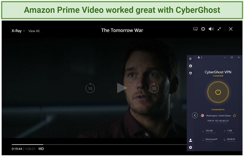 Screenshot of The Tomorrow War streaming on Amazon Prime connected to a US CyberGhost server