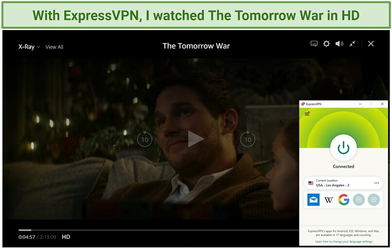 Screenshot of The Tomorrow War streaming on Amazon Prime connected to a US ExpressVPN server