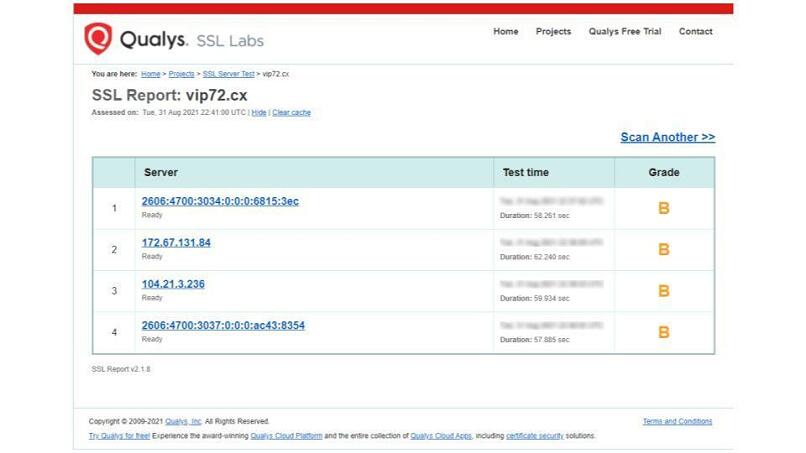 A screenshot of VIP72's SSL test results 