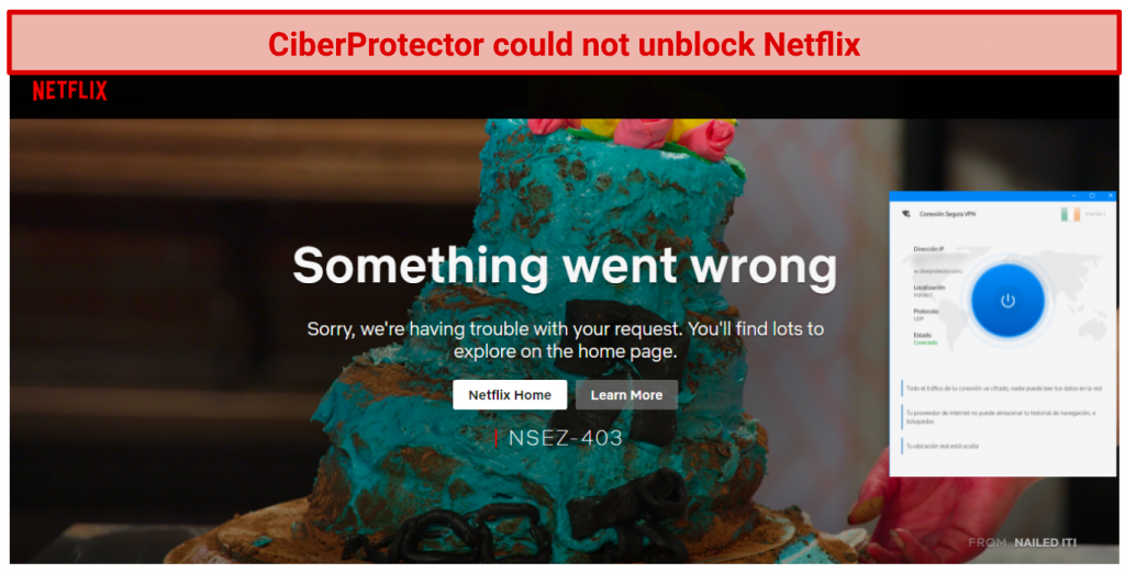 screenshot showing Irish servers failing to access Netflix