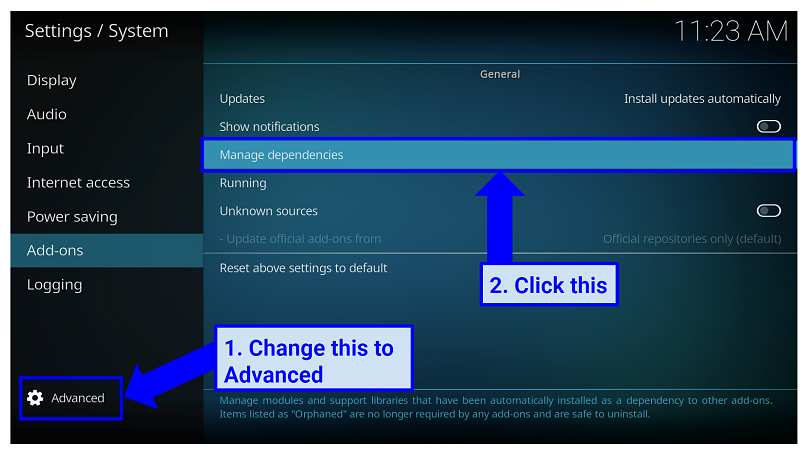Image showing Advanced settings on Kodi