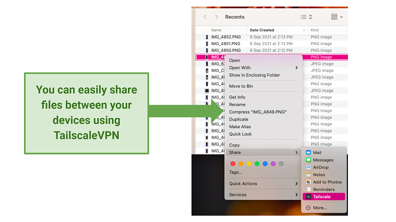 screenshot of macOS UI transferring files through Tailscale