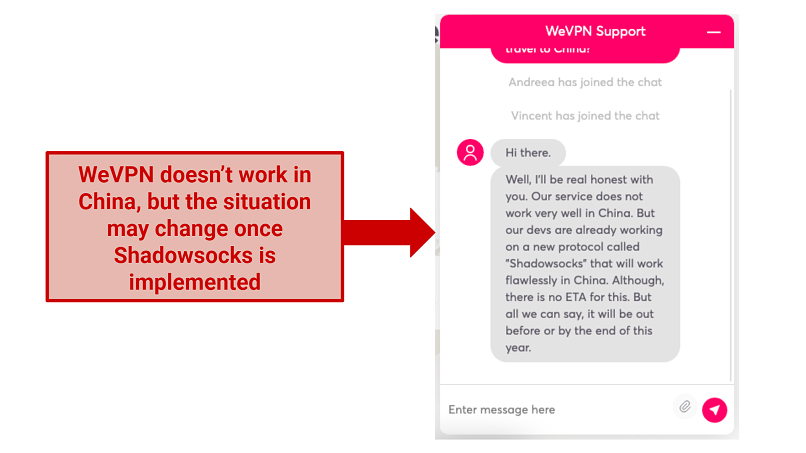 A screenshot of WeVPN's live chat saying that the VPN doesn't work in China