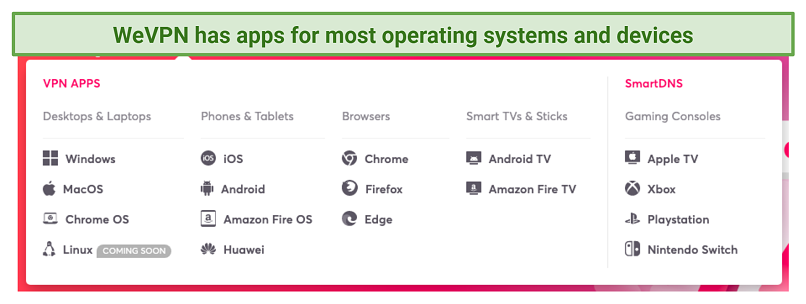 A screenshot of the devices currently supported by WeVPN