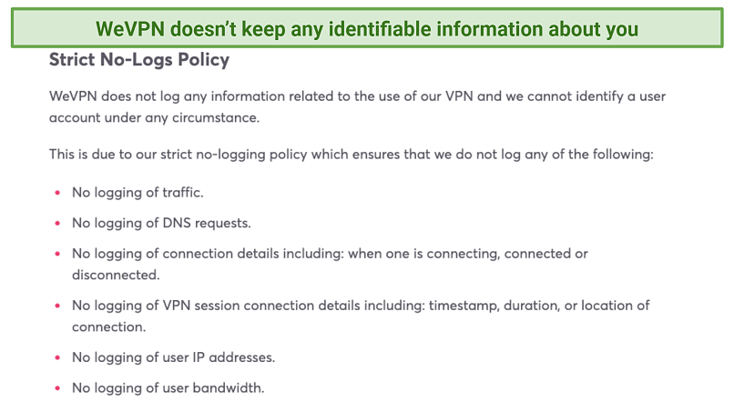 Screenshot of WeVPN's privacy policy