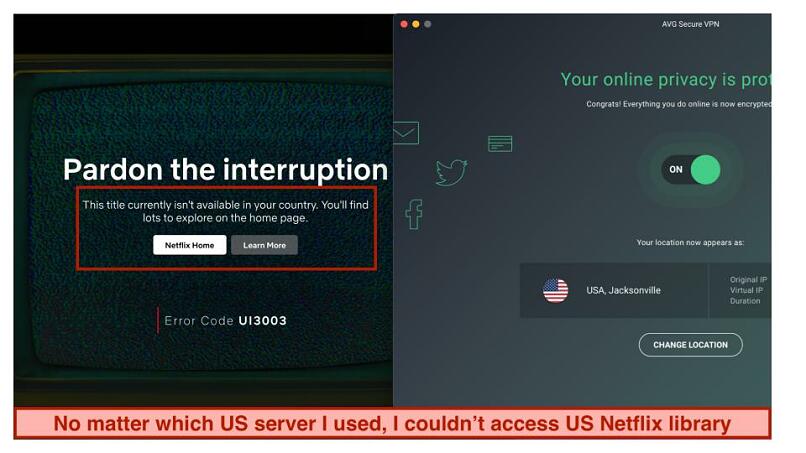 A screenshot of a Netflix error message when I used a server in Jacksonville