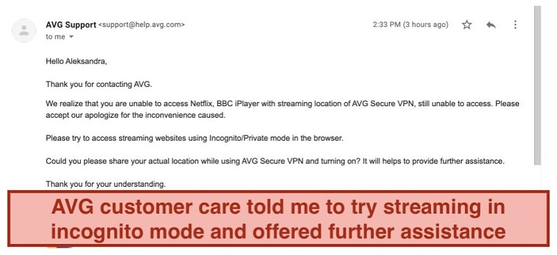 A screenshot of AVG's email response