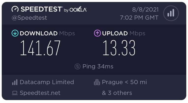 A screenshot of a speed test using a server in Prague