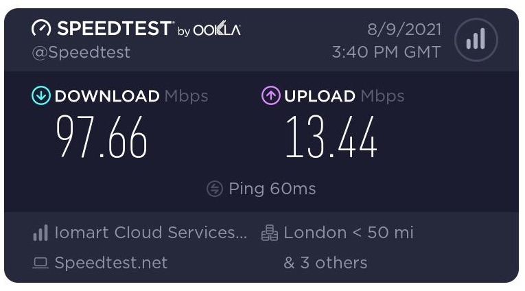 A screenshot of a speed test using a server in Glasgow