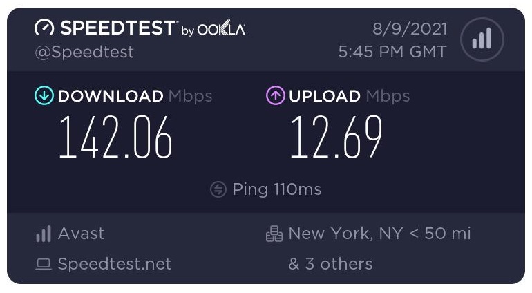 A screenshot of a speed test using a server in New York