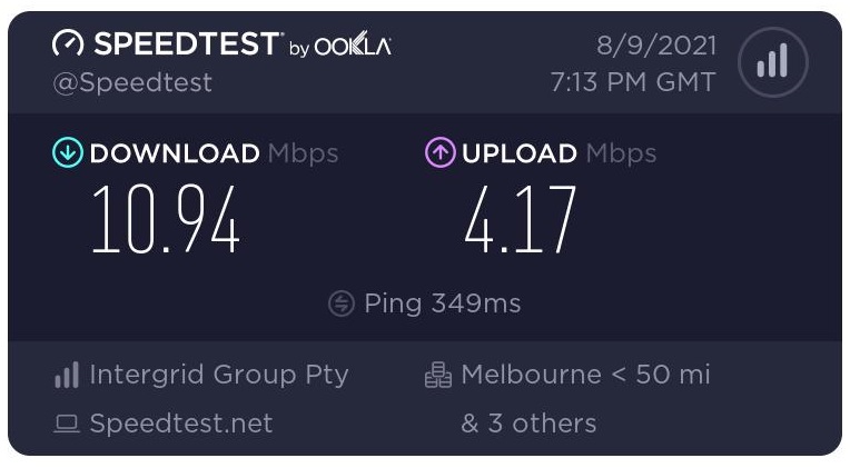 A screenshot of a speed test using a server in Melbourne