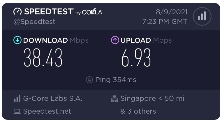 A screenshot of a speed test using a server in Singapore