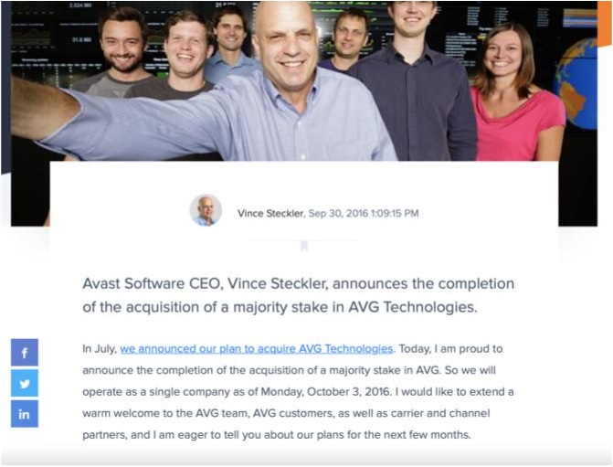 A screenshot of Avast's blog announcing Avast and AVG became one company