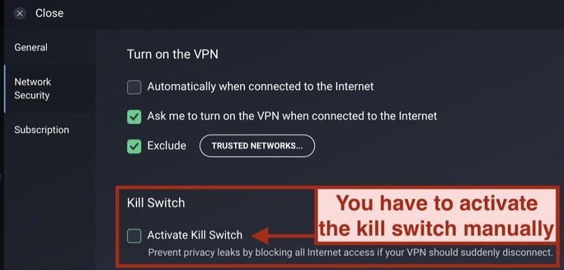 A screenshot of how to activate the kill switch feature on AVG's app