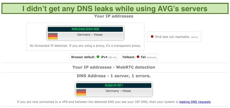 A screenshot of a DNS leak test result while using AVG's server