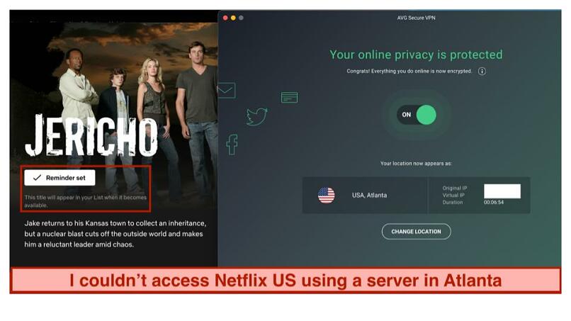 A screenshot of Netflix US library blocked while using AVG Secure VPN (server in Atlanta)