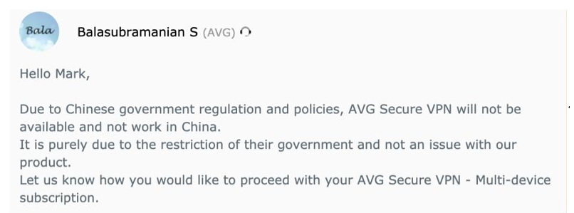A screenshot explaining AVG Secure doesn't work in China