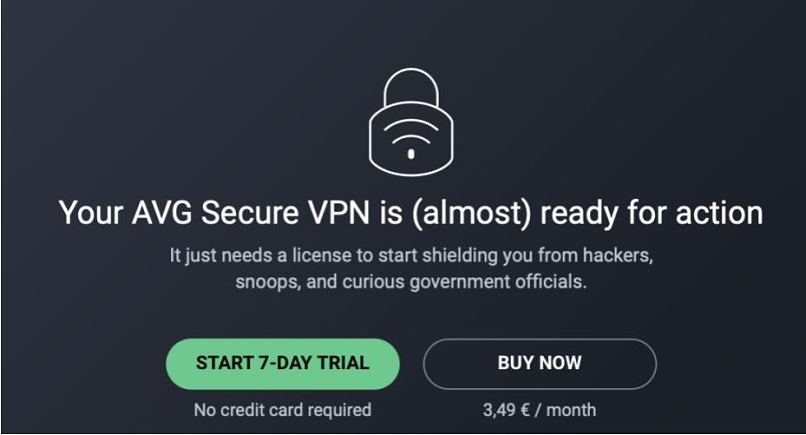 A screenshot of a 7-day trial offer of AVG Secure VPN