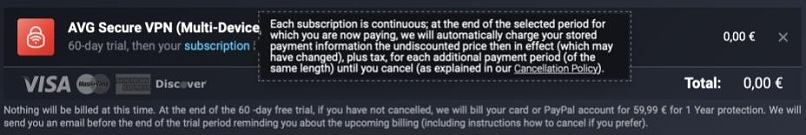 A screenshot of AVG's Secure VPN message once you opt for a 60-day trial