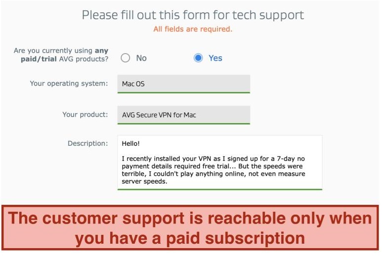 A screenshot of AVG's tech support form