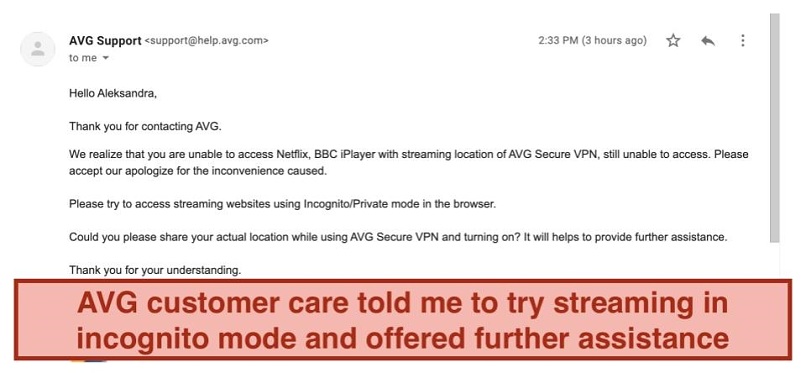 AVG's Secure reply on my question why I can't stream Netflix US