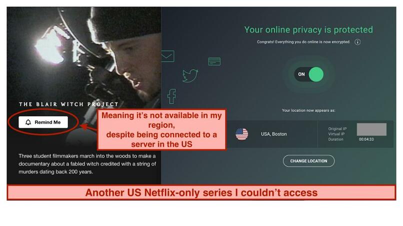 A screenshot of Netflix US library blocked while using AVG Secure VPN