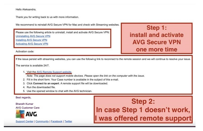 AVG's Secure reply on my question why I can't stream Netflix US