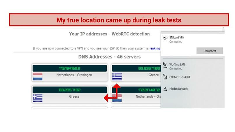 Screenshot of IP and DNS leak test results