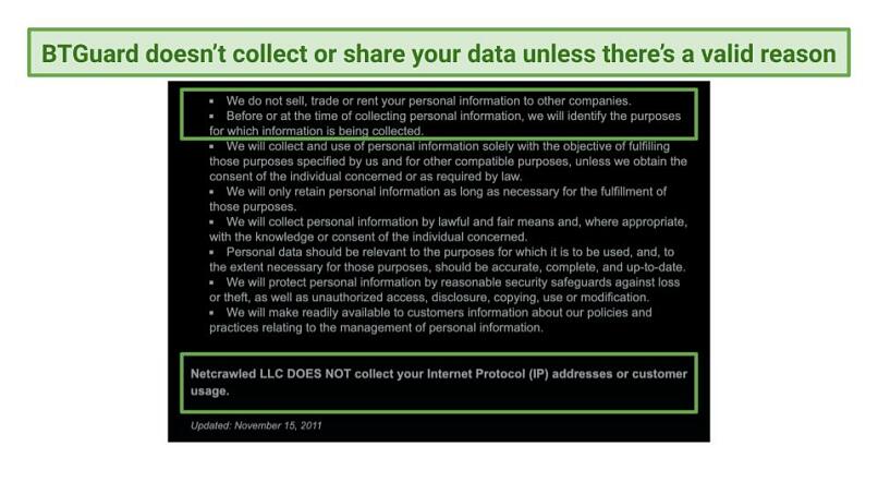 Screenshot of BTGuard VPN's privacy policy page