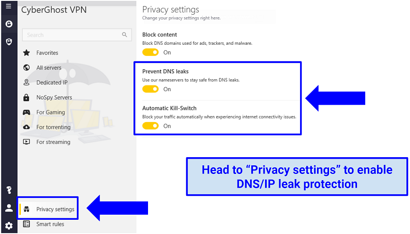 A screenshot showing CyberGhost's robust security features are easy to activate tot help protect your online privacy